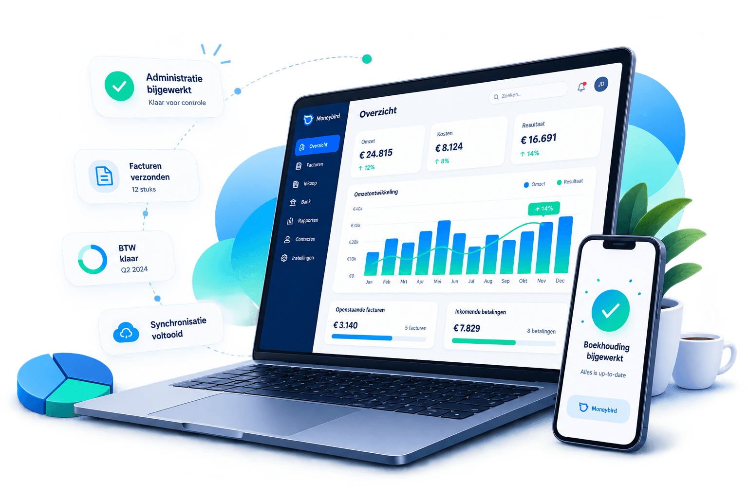 Laptop en telefoon met een online administratie-overzicht in Moneybird